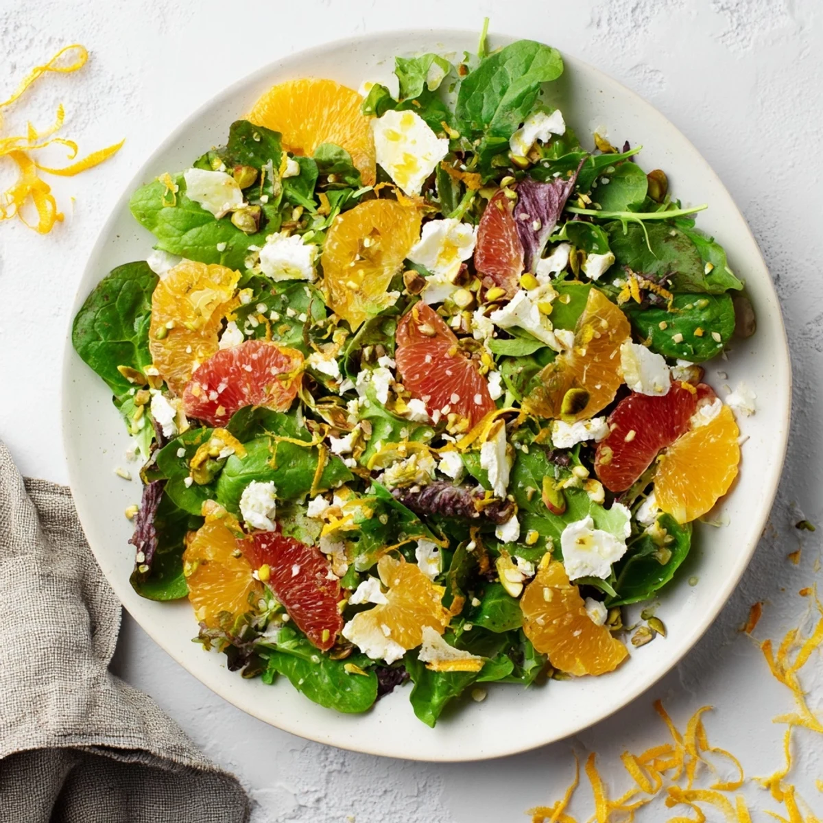 Vibrant Citrus Greens, a healthy salad with segments of oranges and grapefruit, drizzled with vinaigrette.