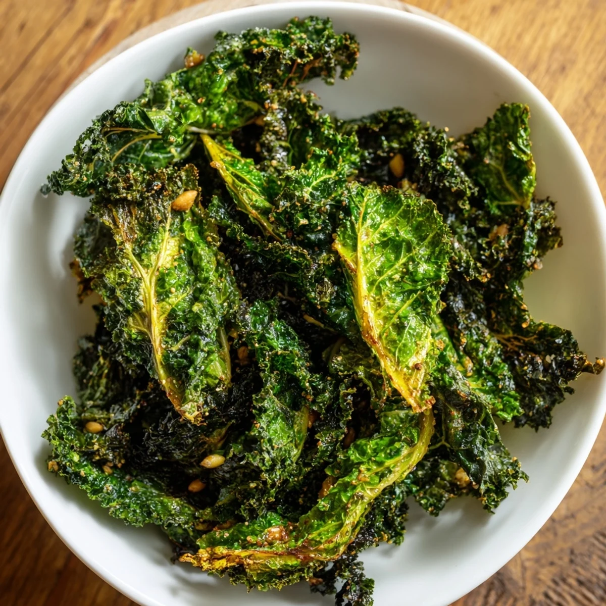 Golden, slightly browned Hearth Kale, ready to serve with toasted pine nuts atop.