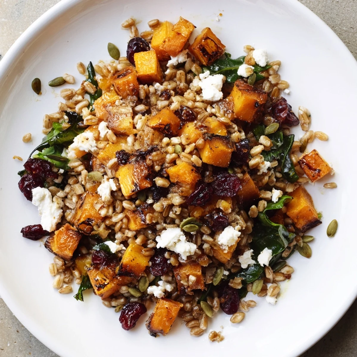 Warm Winter Farro salad, bursting with roasted vegetables and a bright, tangy vinaigrette, ready to serve.