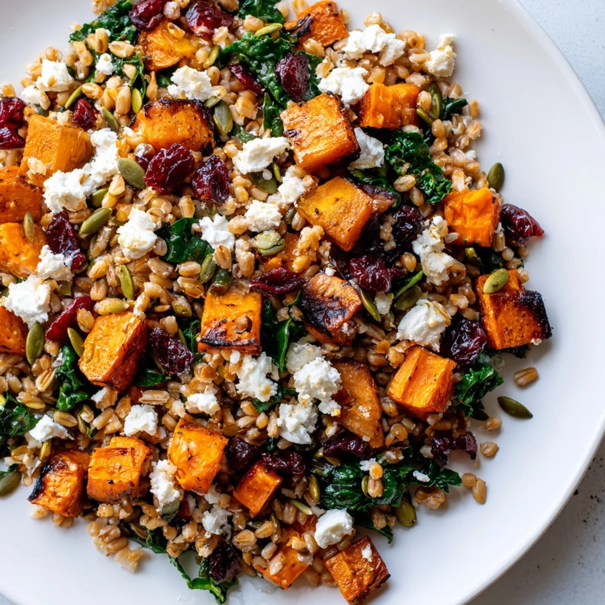 A colorful view of Winter Farro salad, featuring roasted squash, dark greens, and crumbled feta cheese.