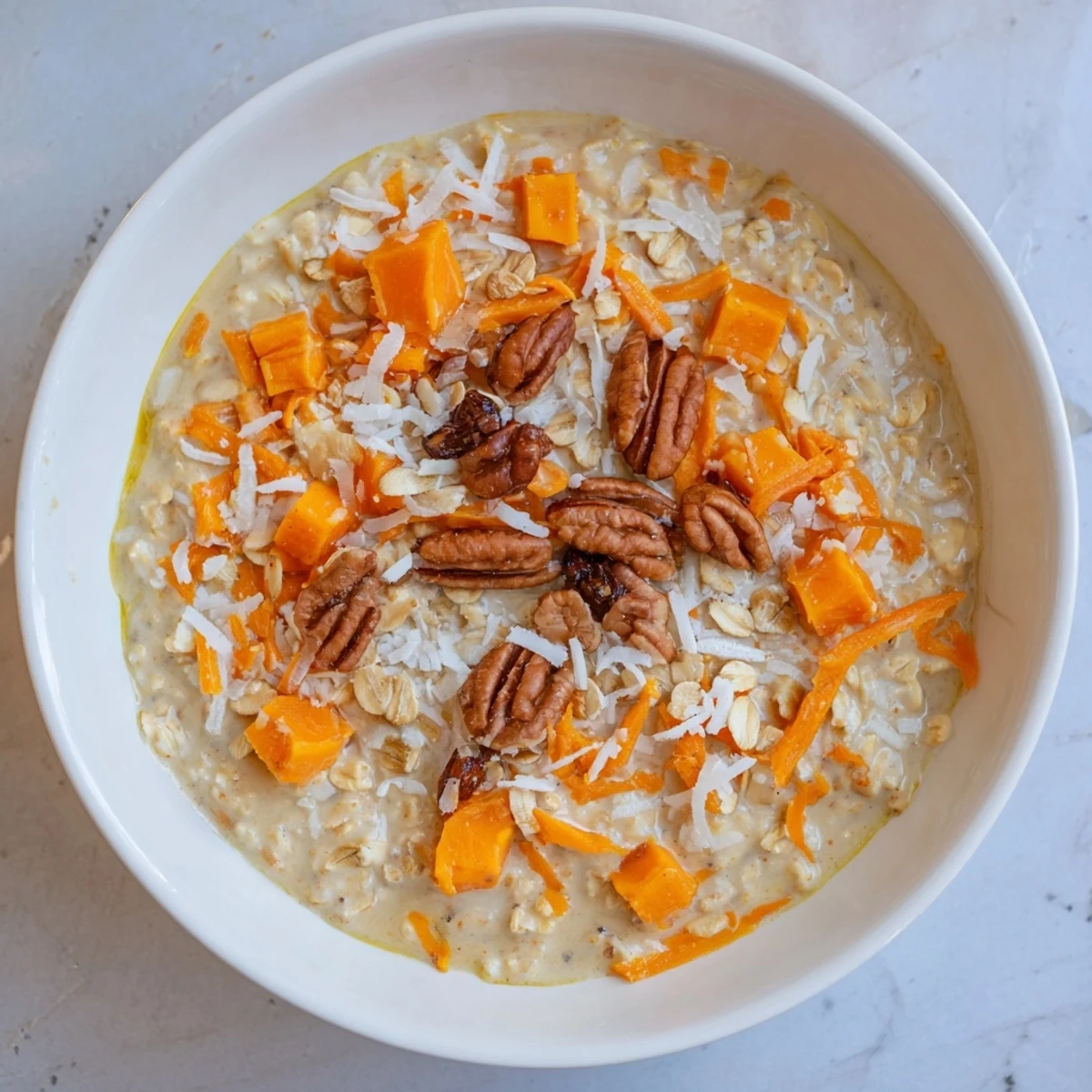 Steaming bowl of Root Chai Oat porridge, garnished with nuts and fruit for a flavorful breakfast.