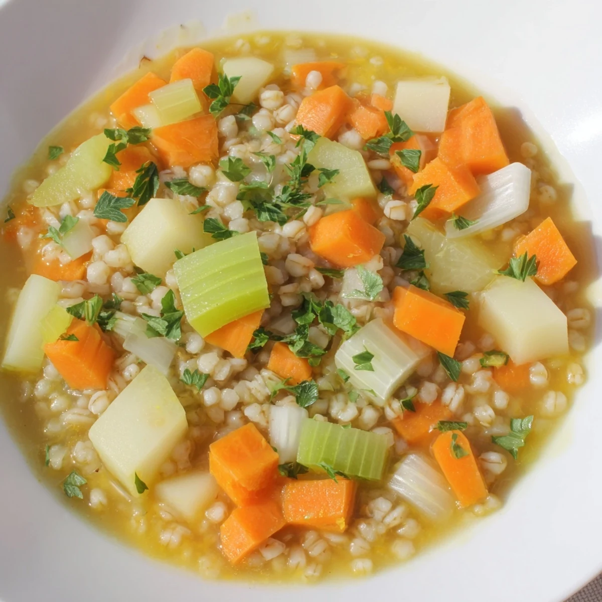 Enjoy a warm bowl of Root Barley: a comforting stew ready for a chilly evening.