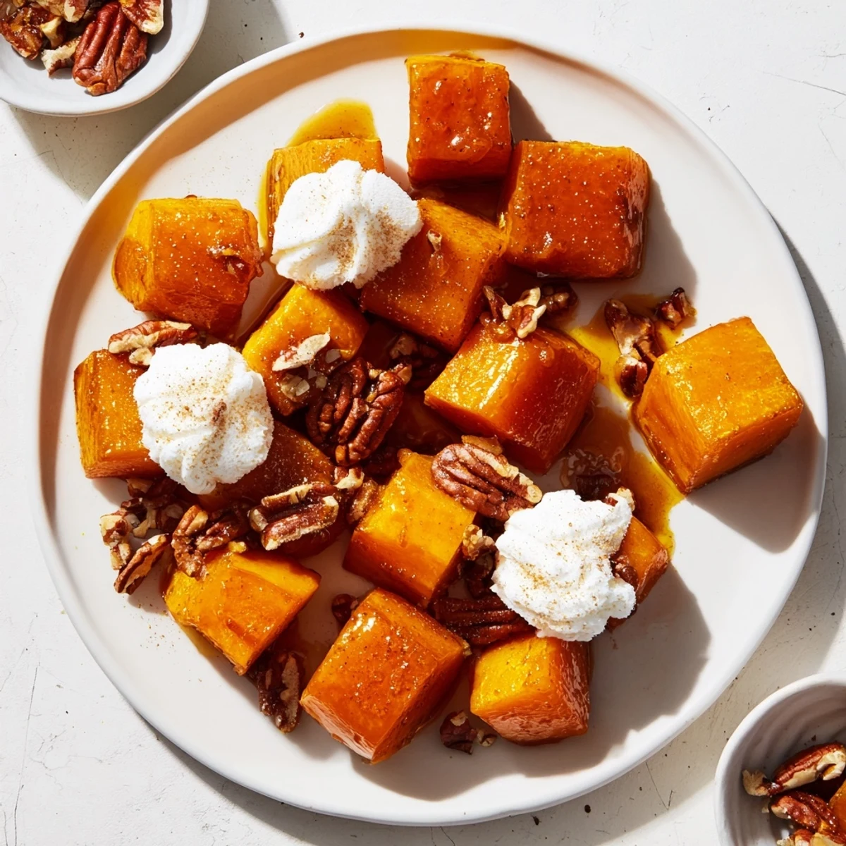 Warm, glistening Frosted Maple Squash with a fluffy, buttery topping and optional pecan garnish.