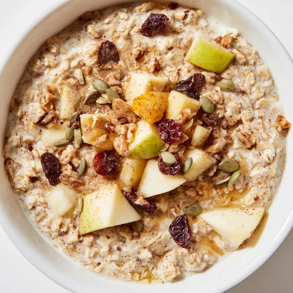 Warm, creamy Harvest Chai Oat with visible chunks of fruit, perfect for a comforting breakfast.