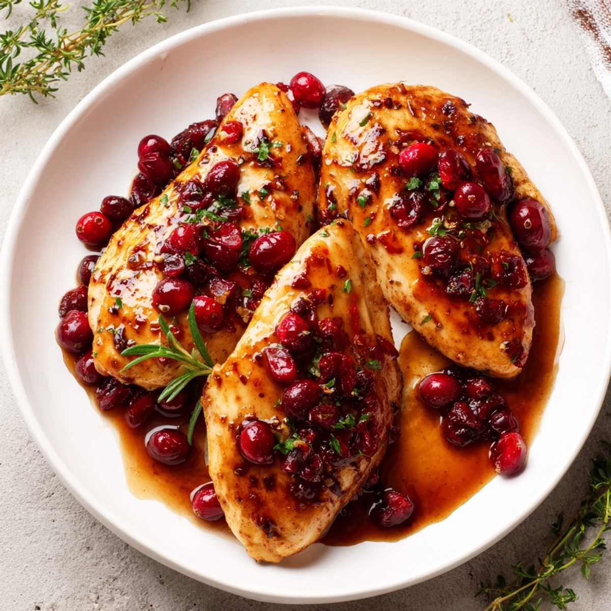 Juicy Maple Cranberry Herb Chicken, roasted with cranberries and herbs, ready for a delicious dinner.