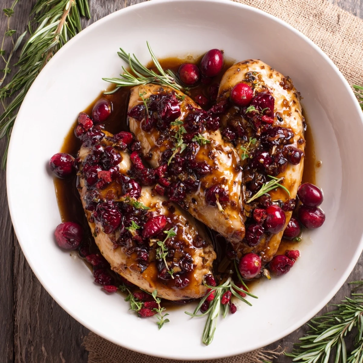 Golden-brown Maple Cranberry Herb Chicken, glistening with a rich, flavorful sauce and fresh herbs.