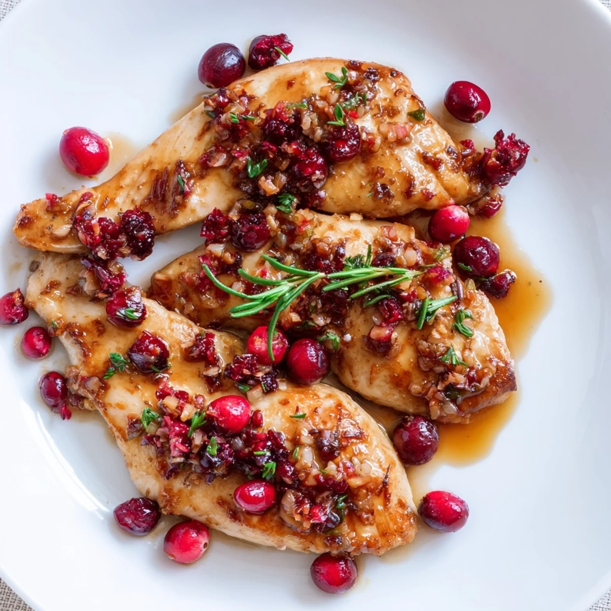 A close-up of tender Maple Cranberry Herb Chicken, showing the vibrant red cranberries and maple glaze.