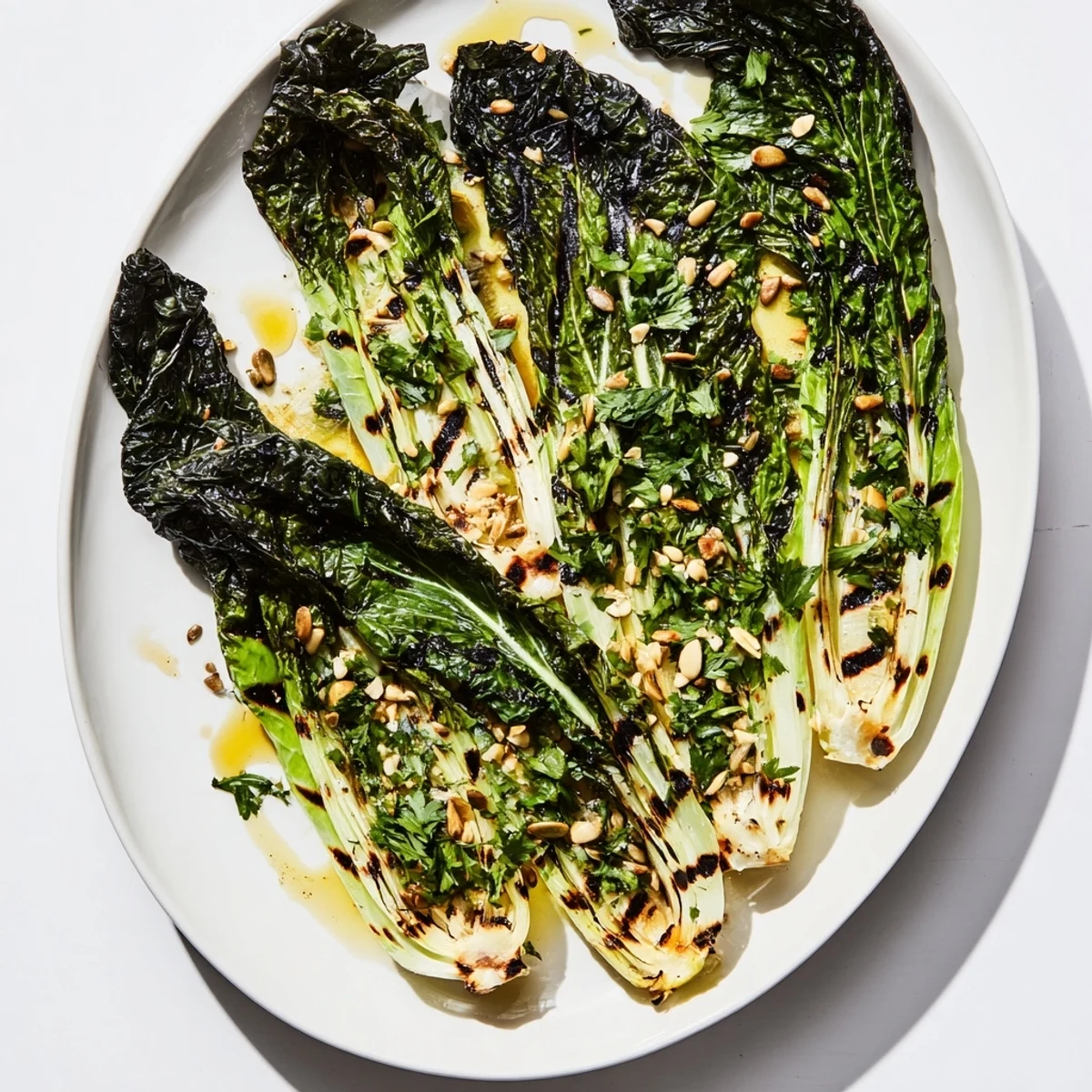 Smoky char marks on grilled kale and chard in this refreshing Charred Citrus Greens recipe picture.