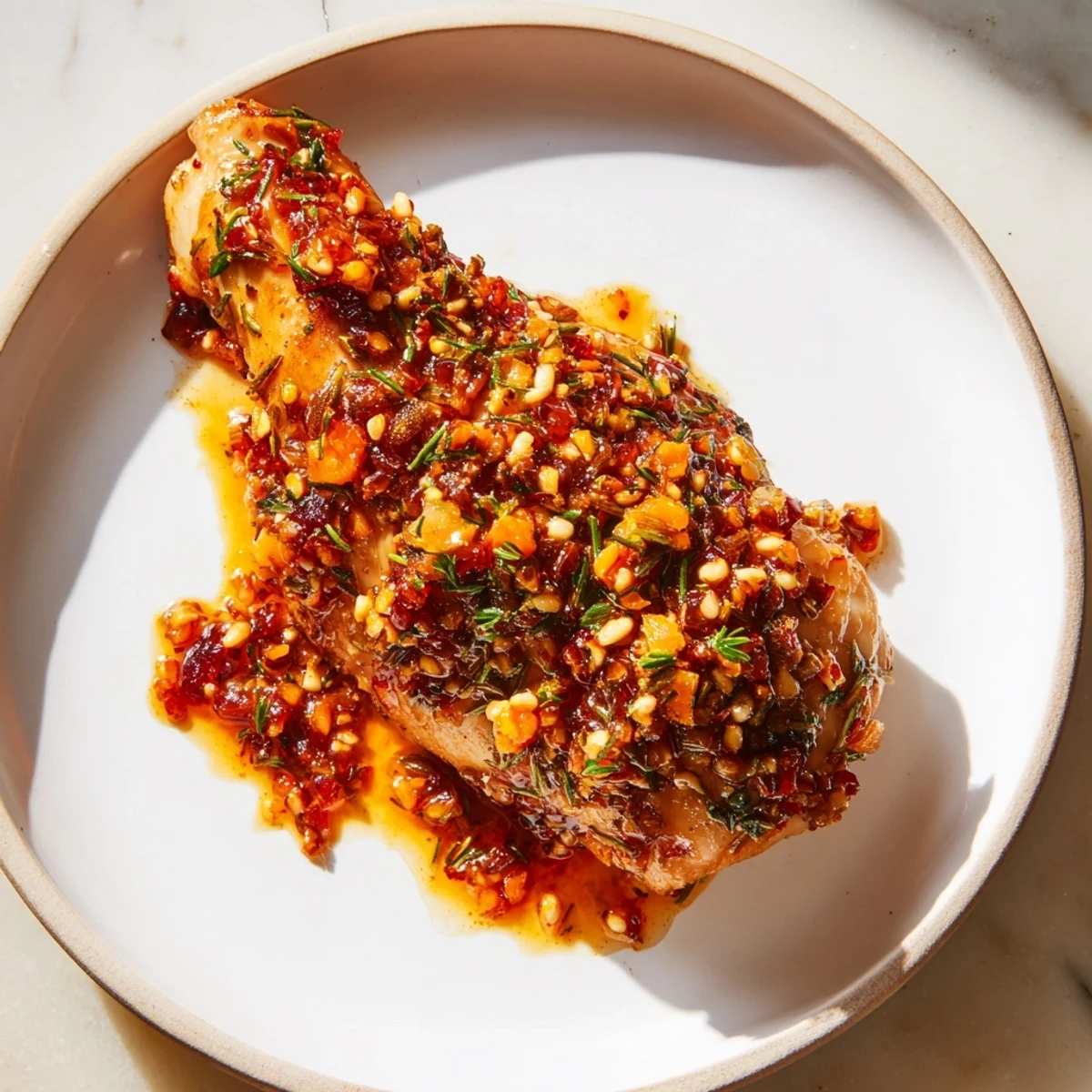 Golden-brown Cranberry Herb Chicken, baked until juicy, swimming in a tart, herb-infused cranberry glaze.