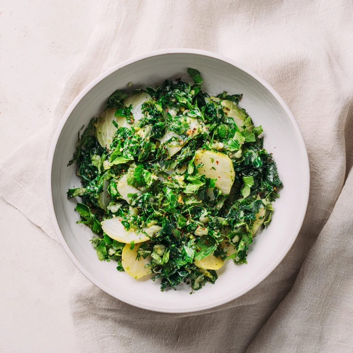 Sizzling Herbed Winter Greens, a colorful and aromatic side dish with fresh herbs and lemon.
