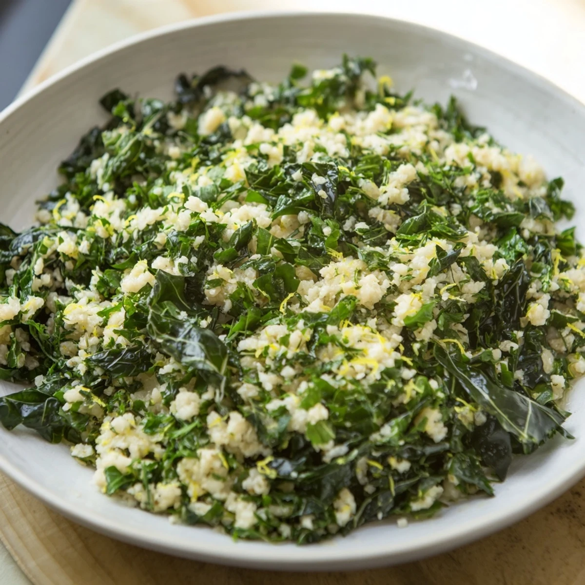 Bright green Herbed Winter Greens, perfectly wilted and seasoned, ready to serve for a weeknight meal.