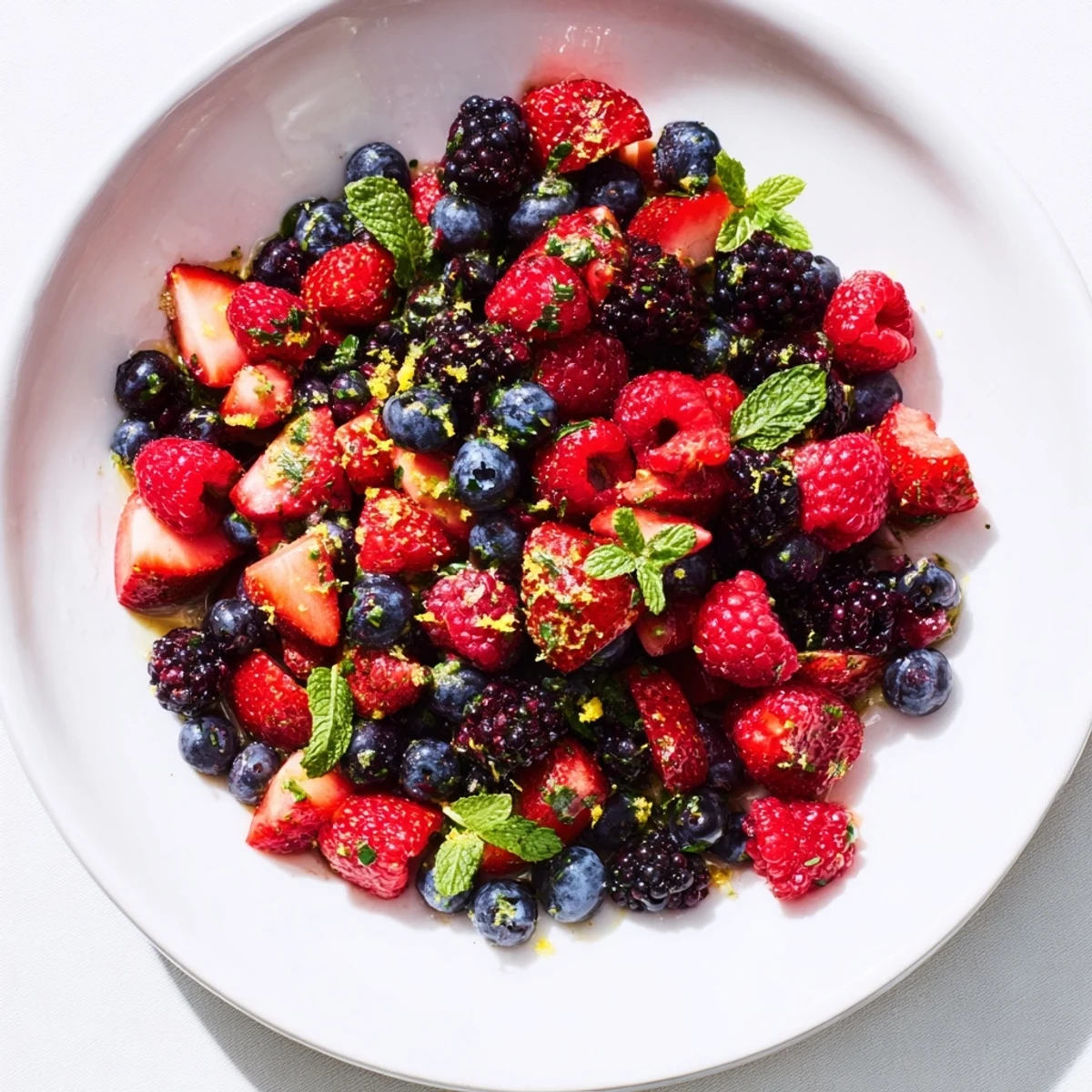 A colorful Hearth Berry Blend drizzled with citrus, a refreshing summer dessert ready to eat.