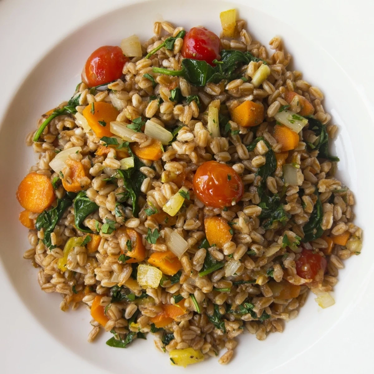 Steaming Hearth Farro with vibrant vegetables and herbs, ready to be served and enjoyed.