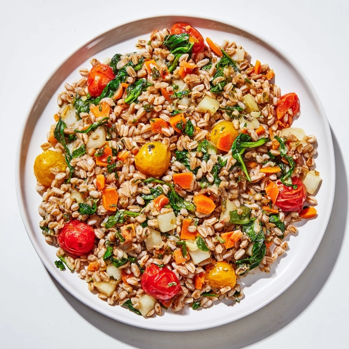 A bowl of this hearty Hearth Farro, showcasing the rich colors of the Mediterranean dish.
