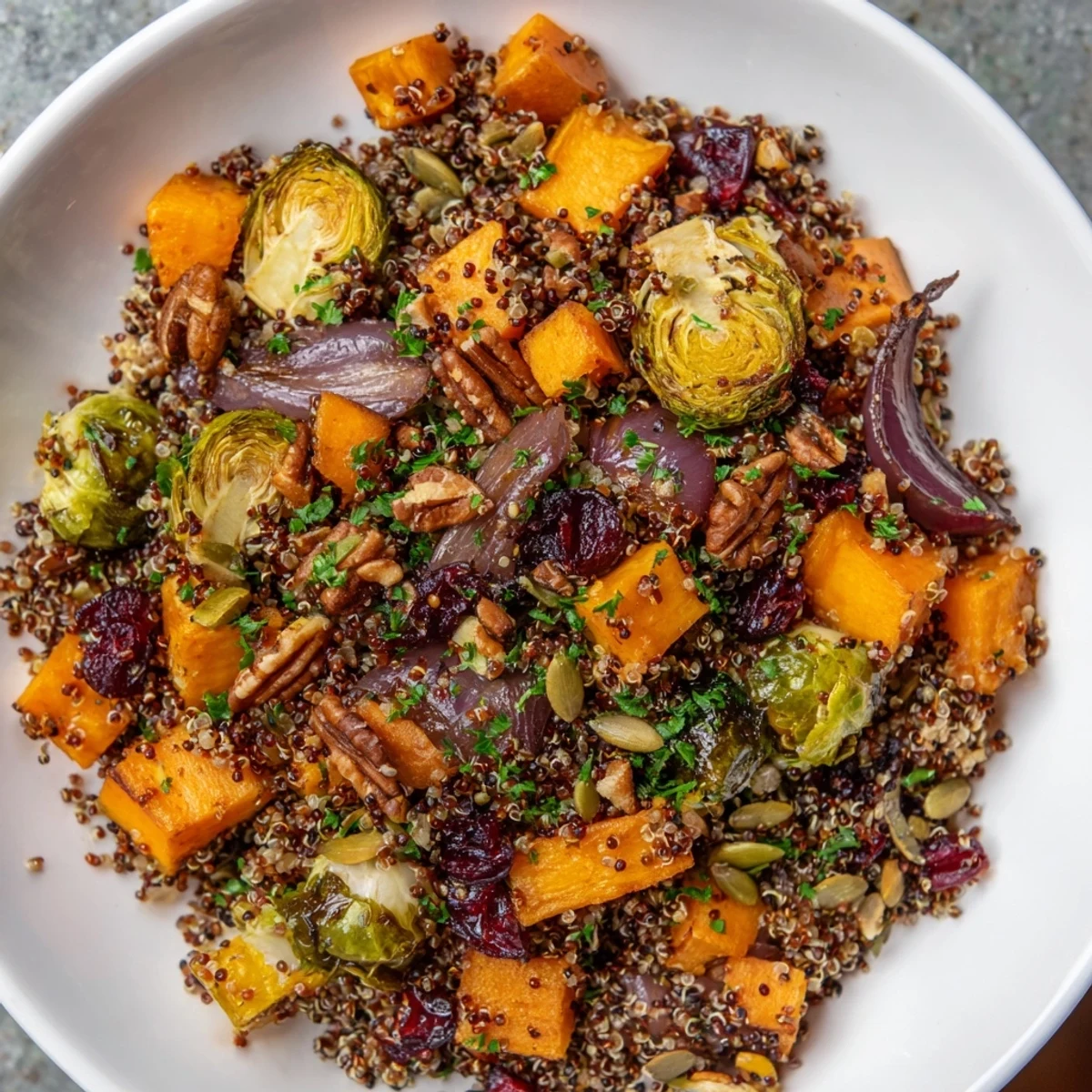 Warm Harvest Quinoa with roasted vegetables, pecans, and a bright citrus vinaigrette.