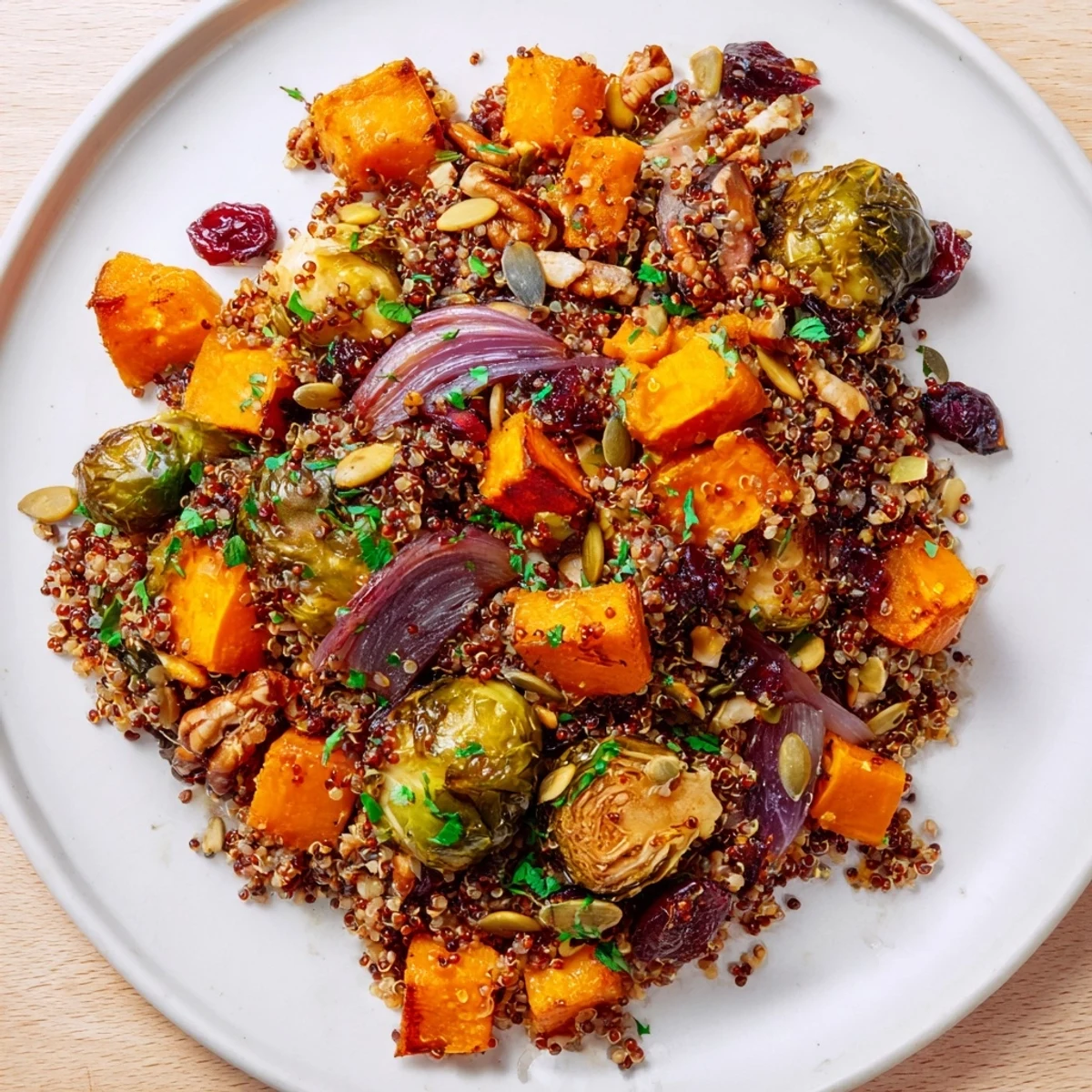A colorful bowl of Harvest Quinoa: tender squash, sweet potatoes, and dried cranberries mingle.