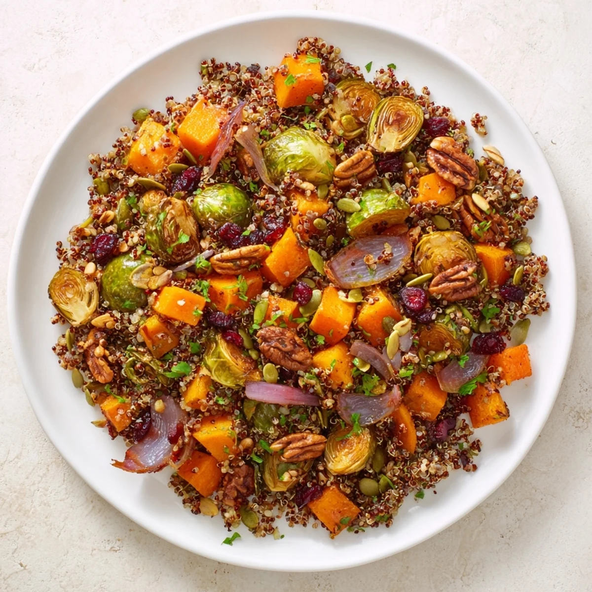 Delicious Harvest Quinoa showcasing perfectly roasted autumn vegetables and toasted nuts, ready to enjoy.