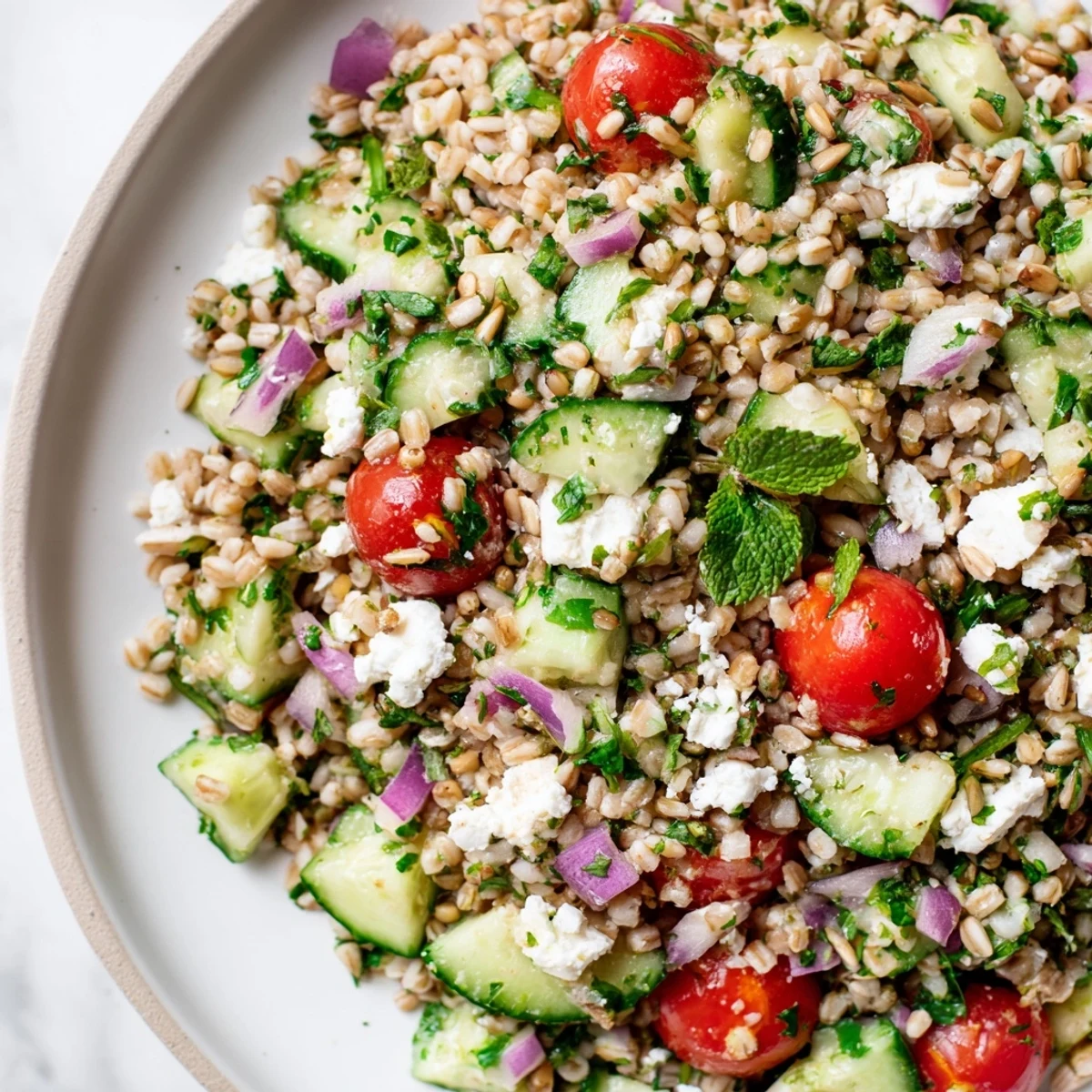 Bright barley salad, vibrant with tomatoes, cucumber, and lemon dressing, ready to enjoy.