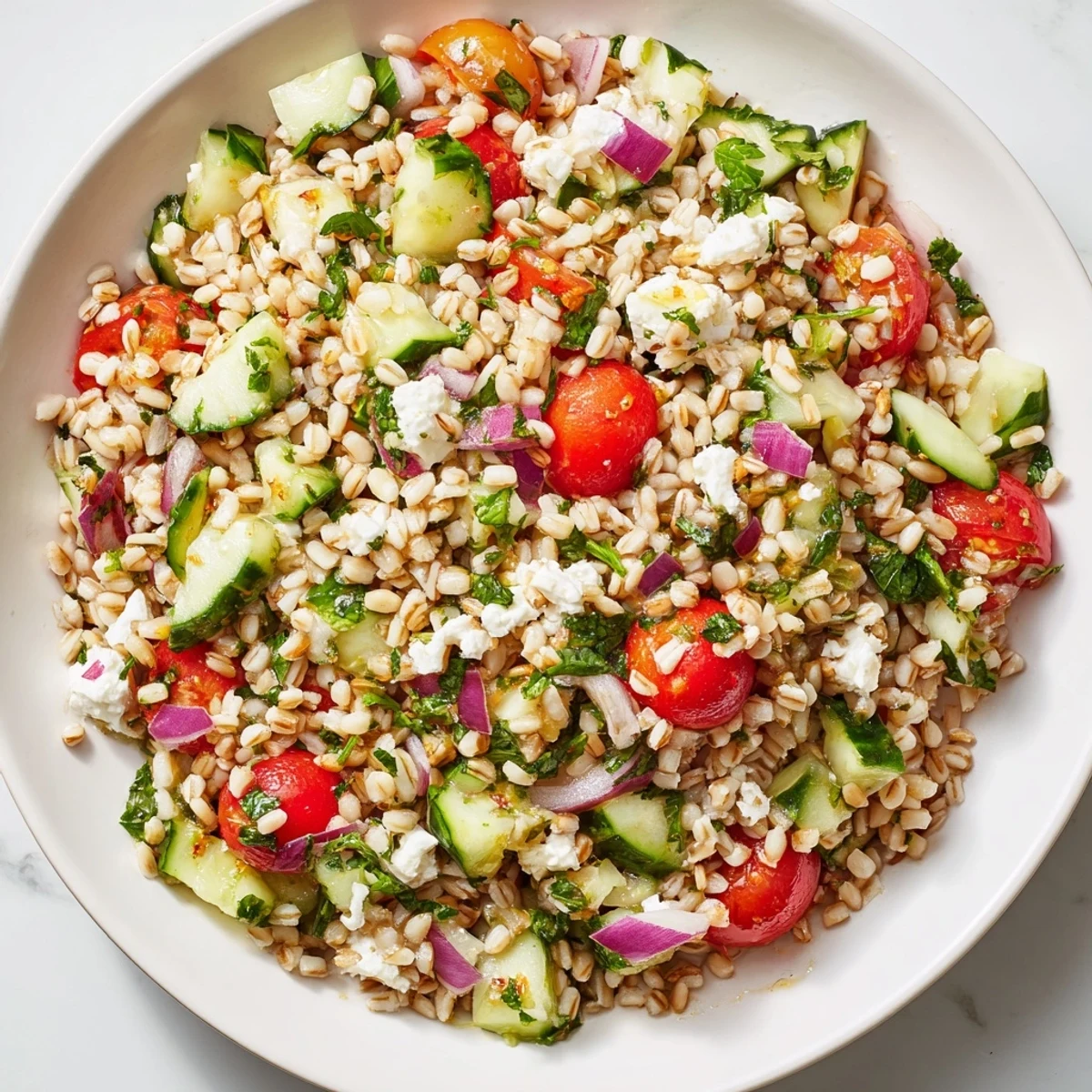 A colorful bowl of bright barley salad: pearl barley, red peppers, and fresh herbs in a zesty mix.