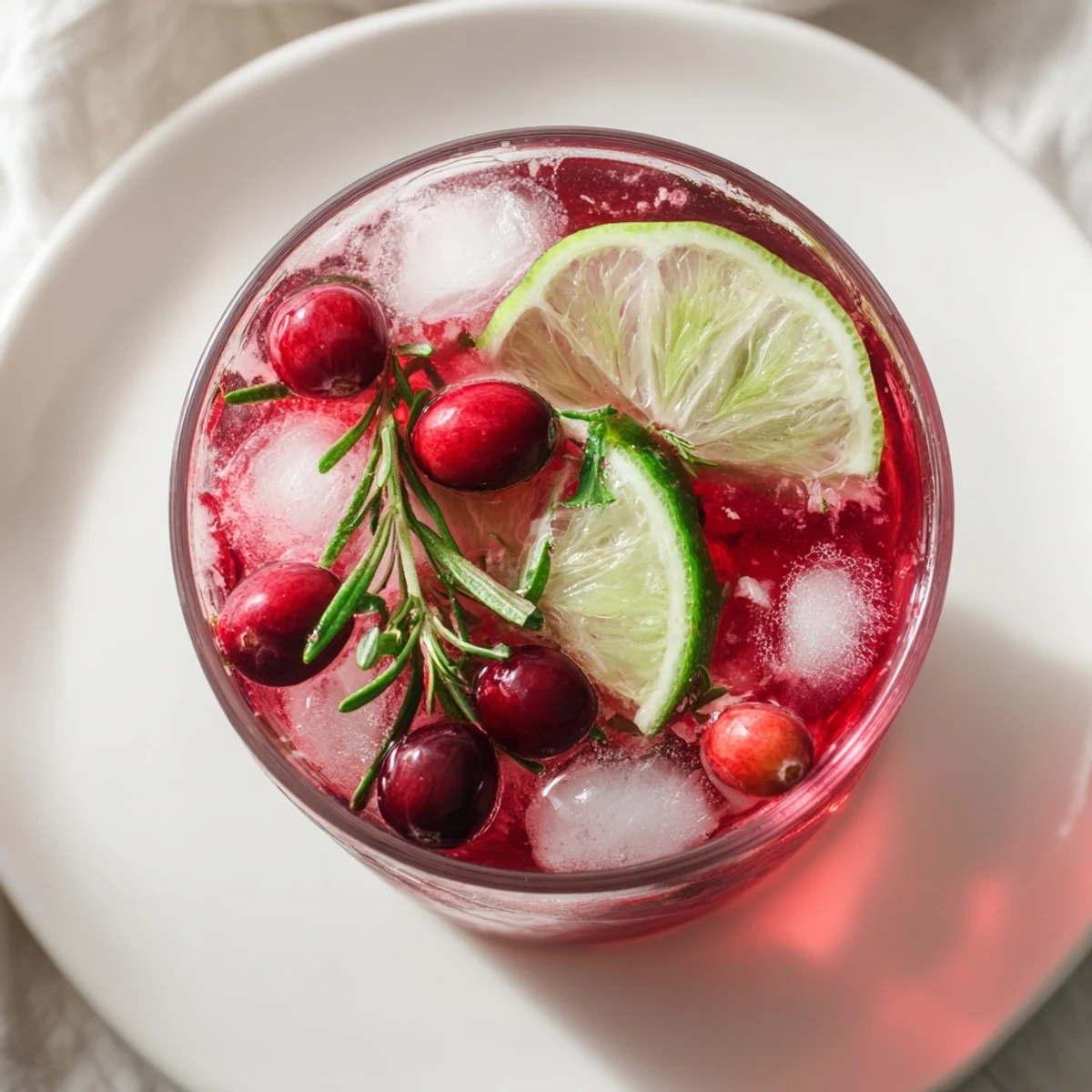Bright red Evergreen Cranberry Herb mocktail garnished with fresh cranberries, perfect for celebrations, crisp.