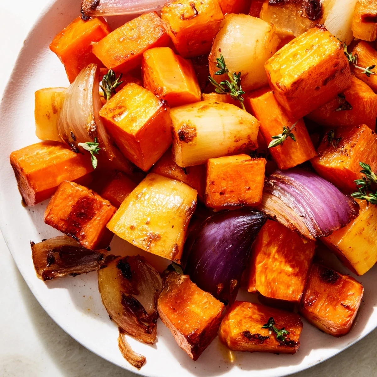 Vibrant image of tender maple roasted roots, showing caramelized edges and colorful root vegetables.