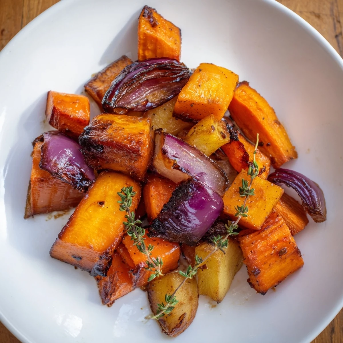 Close-up of savory maple roasted roots, a perfect vegetarian side with autumn-inspired flavors.