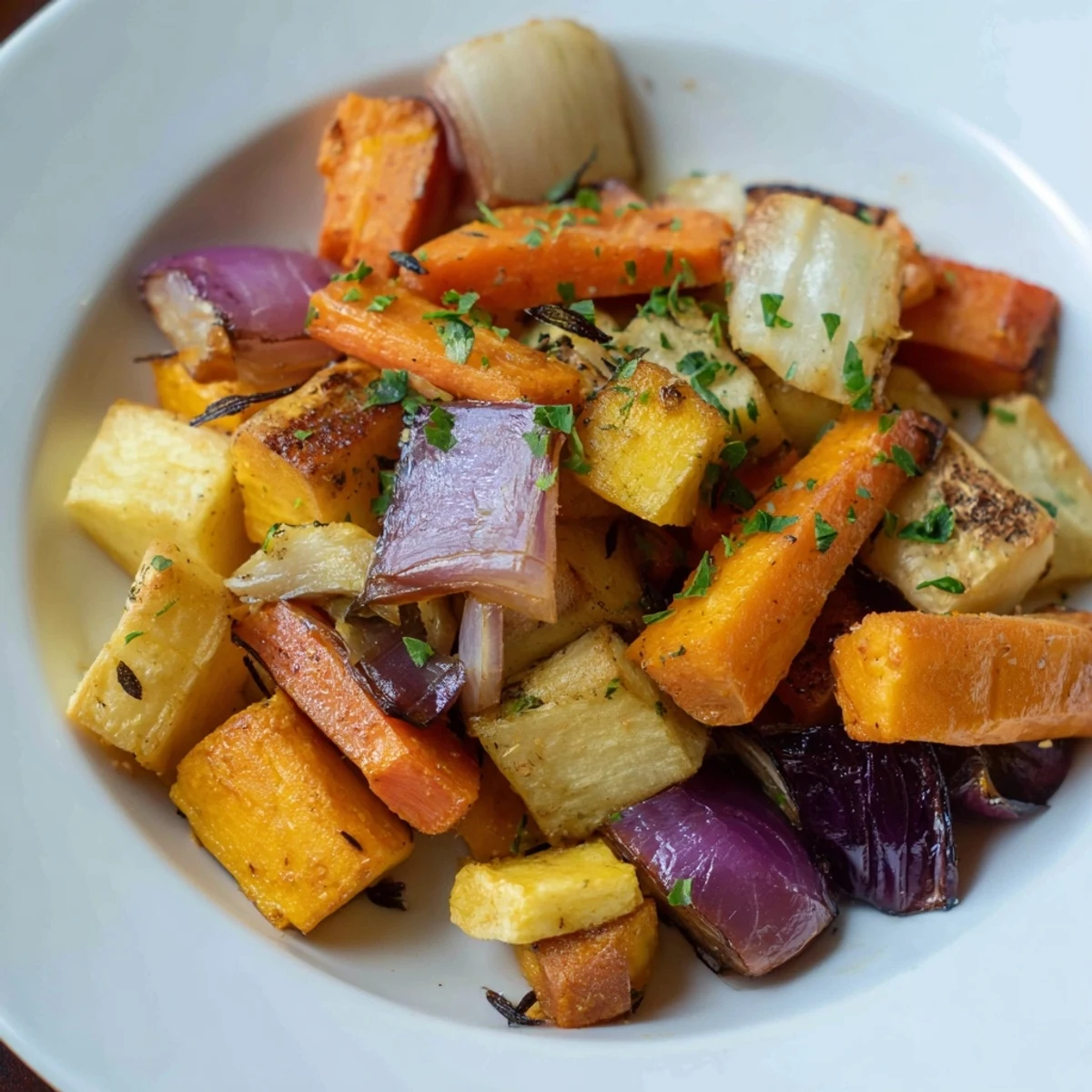 Tender, caramelized roasted root vegetables seasoned with herbs, ideal for a gluten-free meal.
