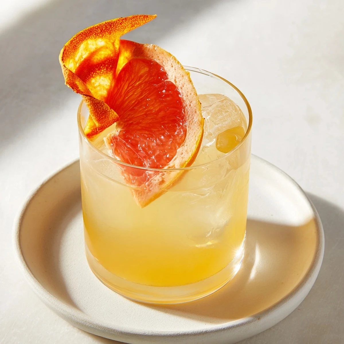 A vibrant Toasty Bright Citrus cocktail in a rocks glass, garnished with a pink grapefruit twist.