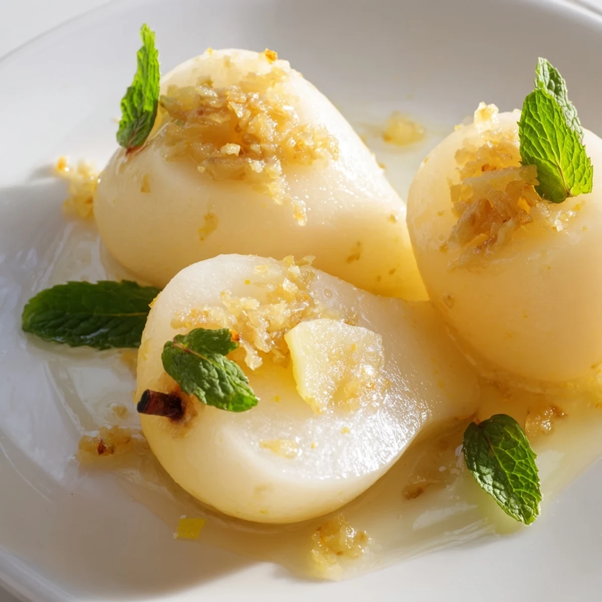 Succulent poached Pear Ginger Pears, infused with ginger and lemon, resting in a shimmering syrup.