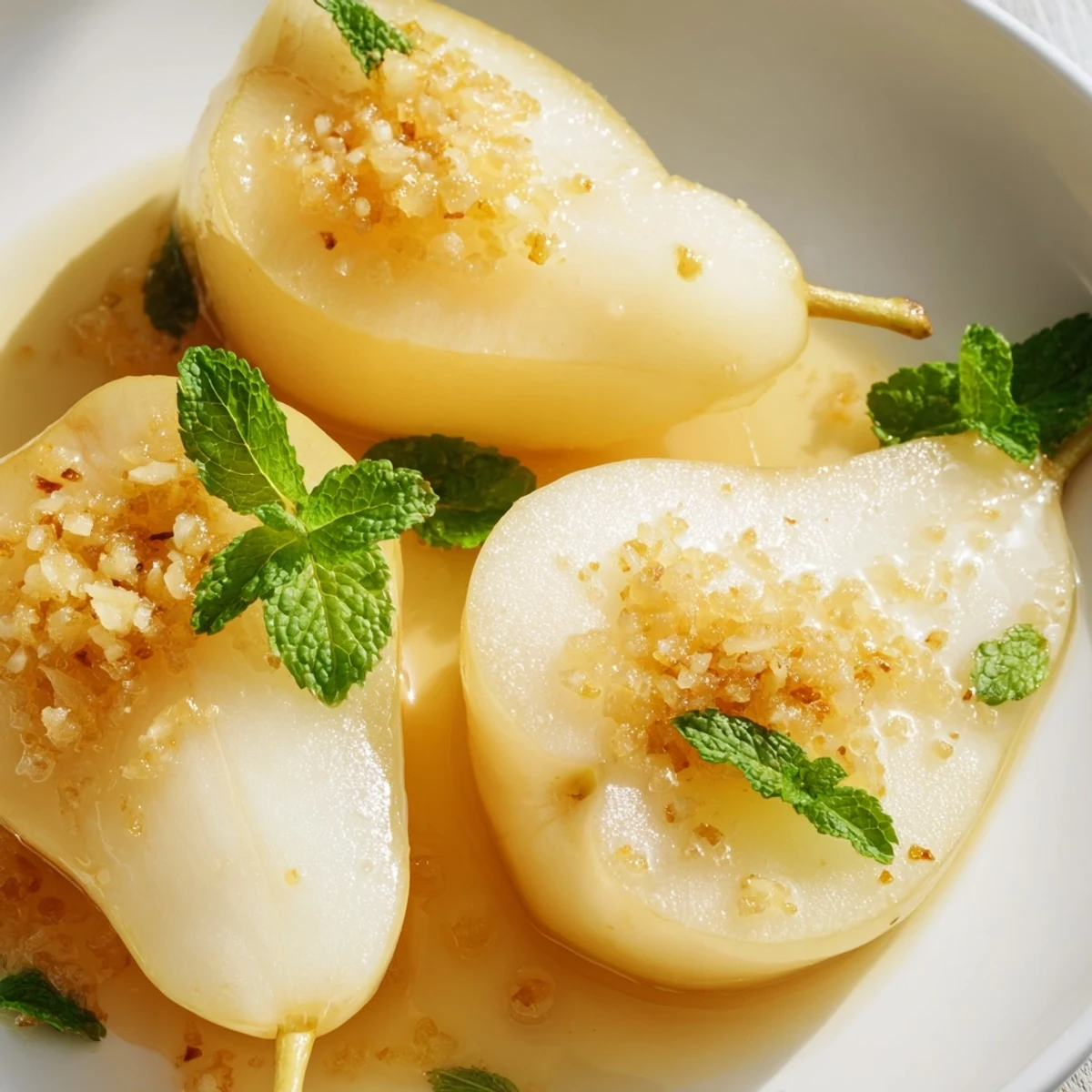 Served warm, glistening Pear Ginger Pears garnished with crystallized ginger, a comforting dessert.