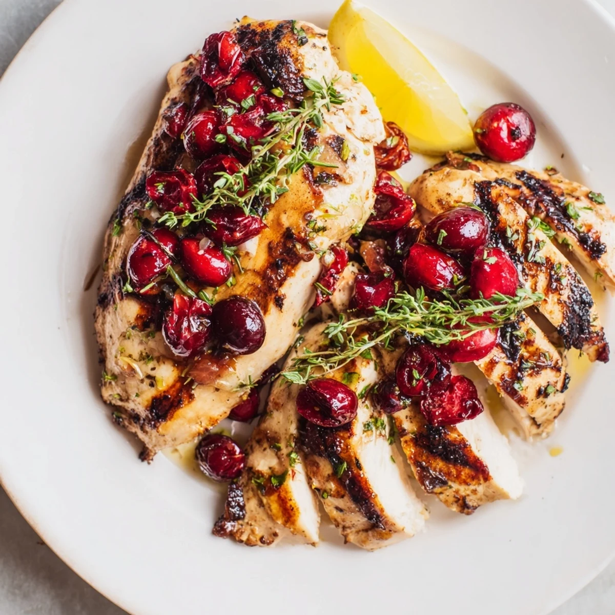 Grilled Charred Cranberry Herb Chicken: juicy grilled chicken with vibrant, sweet cranberries and fresh herbs.