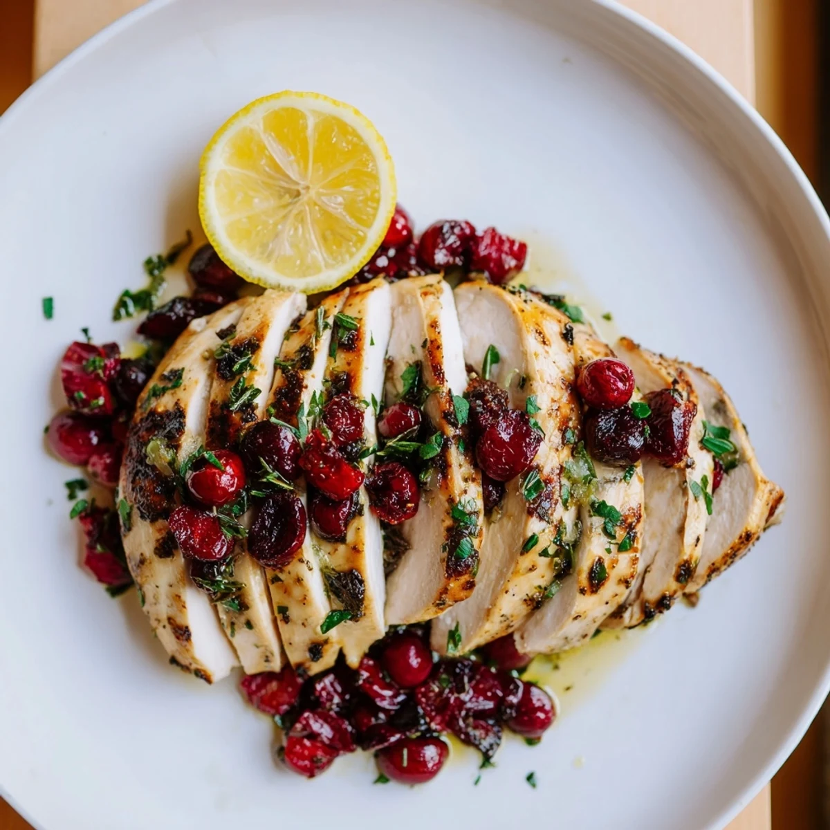 Tender Charred Cranberry Herb Chicken featuring a medley of fresh herbs and bursting, tangy cranberries ready to eat.