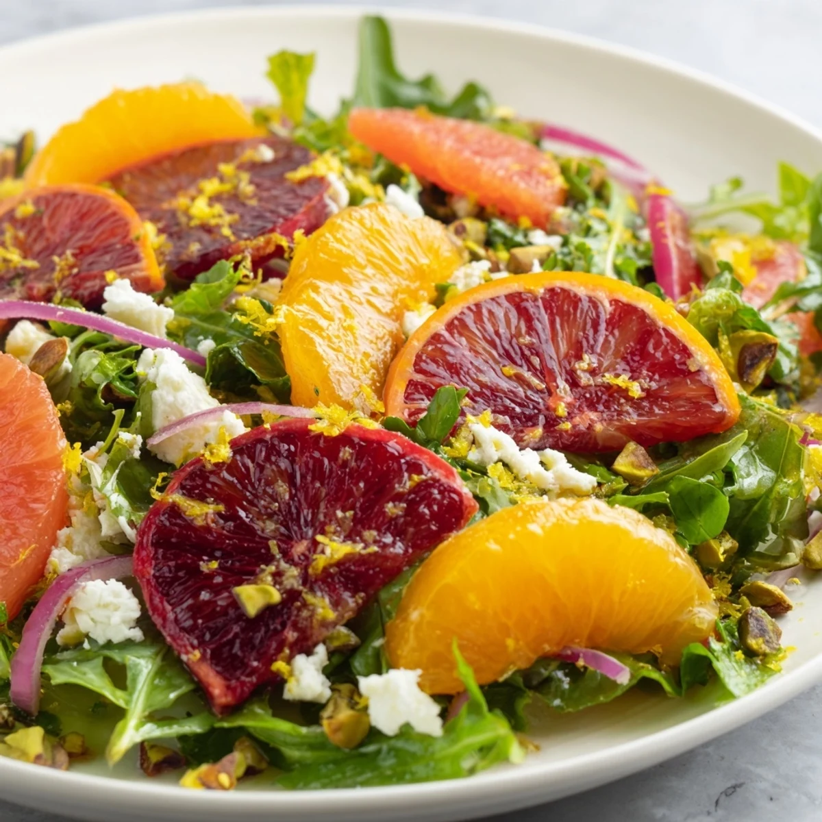 Freshly tossed Citrus Greens salad, showcasing juicy citrus fruits and crunchy red onion slices ready to serve.