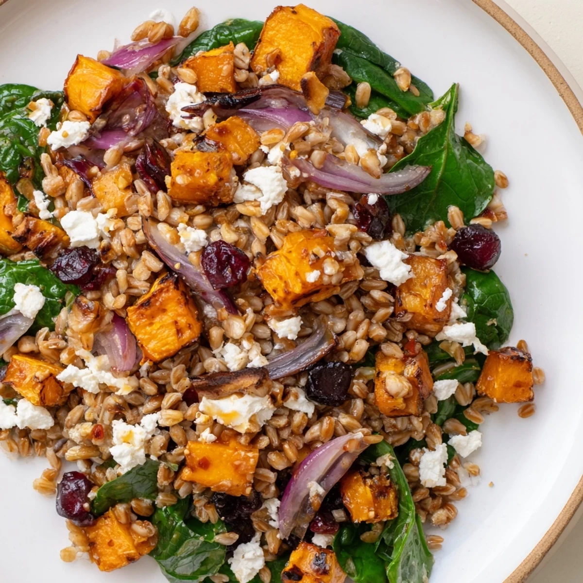 Image of the finished Winter Farro salad, showcasing roasted vegetables and a vibrant vinaigrette.