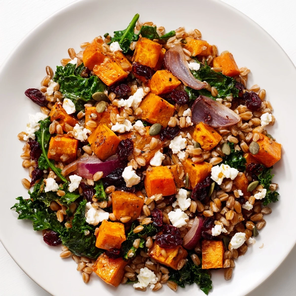 A beautiful bowl of Winter Farro, featuring golden roasted squash and ruby red cranberries for color.
