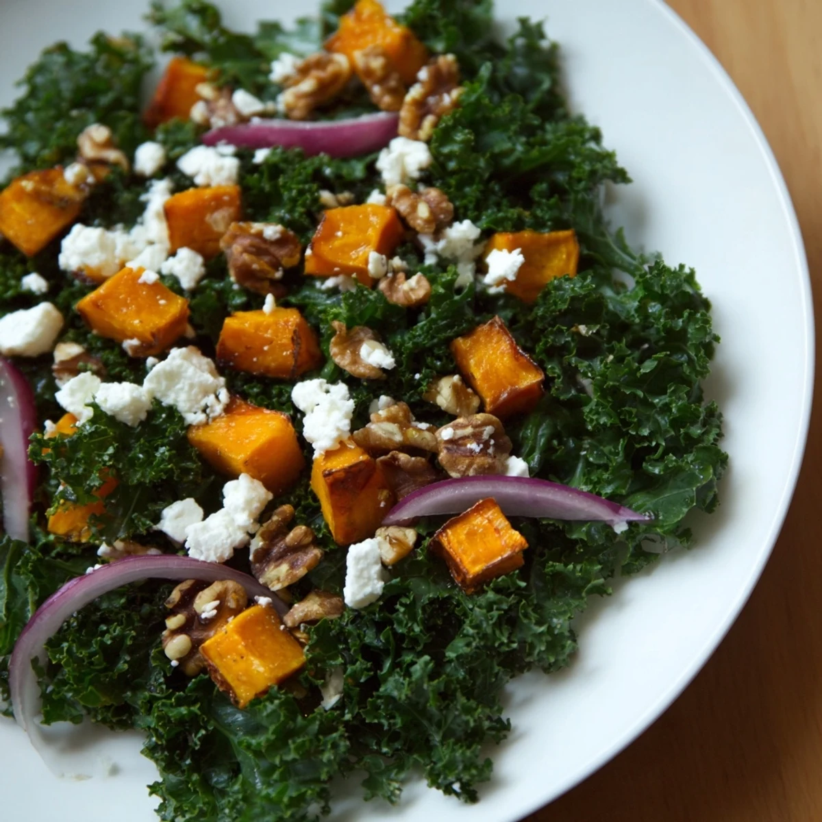 This Winter Kale Salad showcases tender kale and toasted walnuts, ready to be enjoyed with a zesty dressing.