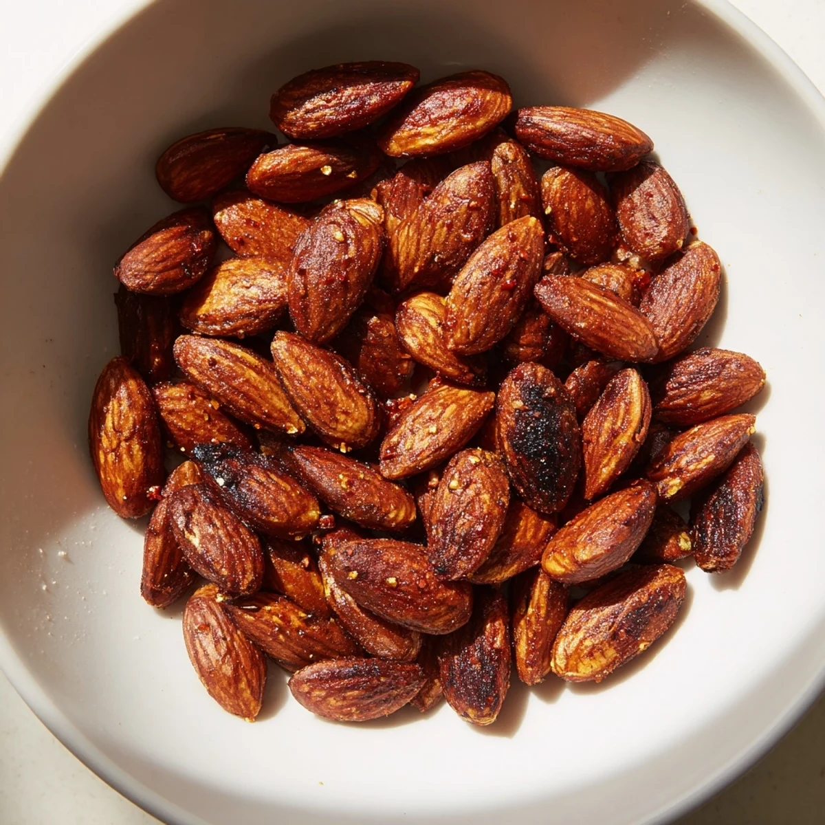 Smoky, charred toasted almonds ready to eat, perfect for snacking or adding crunch to salads.