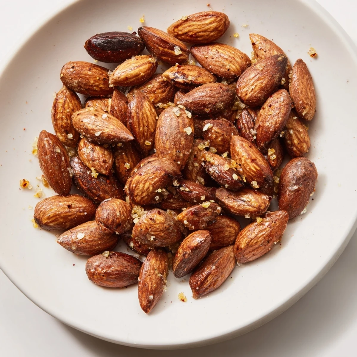 Golden-brown, perfectly charred toasted almonds with a dusting of paprika, a delicious, vegan snack.