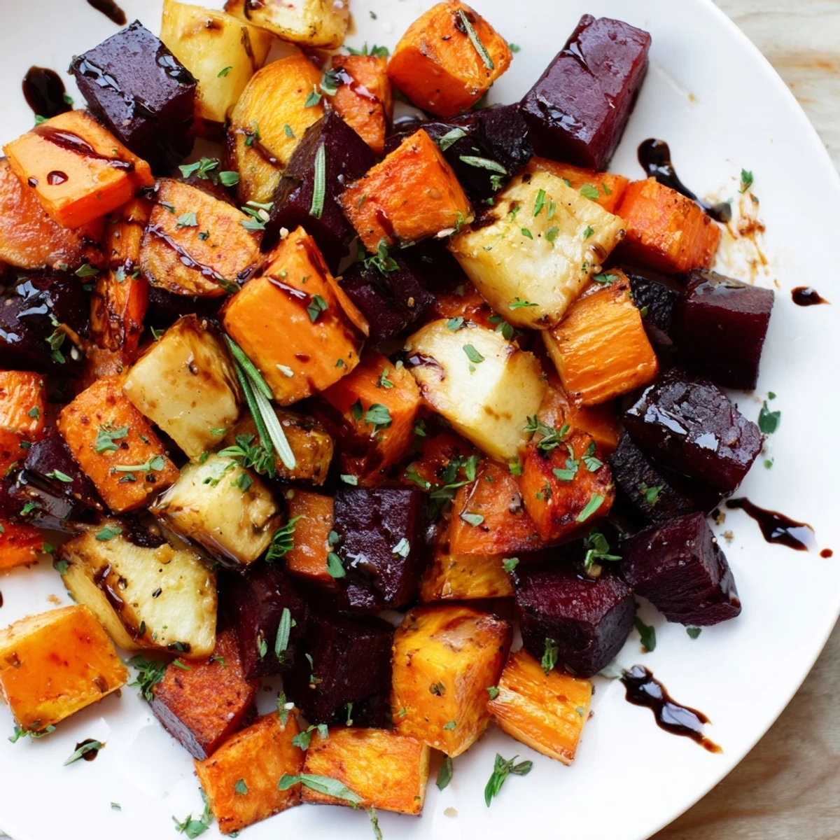 Vibrant Savory Roasted Roots: tender, aromatic vegetables drizzled with balsamic, perfectly roasted.