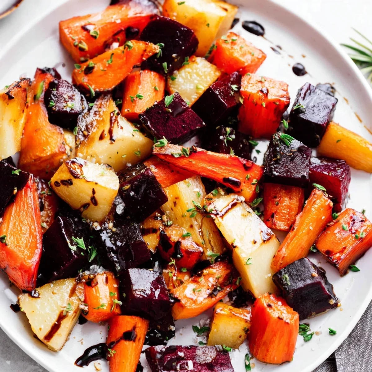 Golden-brown Savory Roasted Roots, a flavorful side dish, ready to be served from baking sheet.