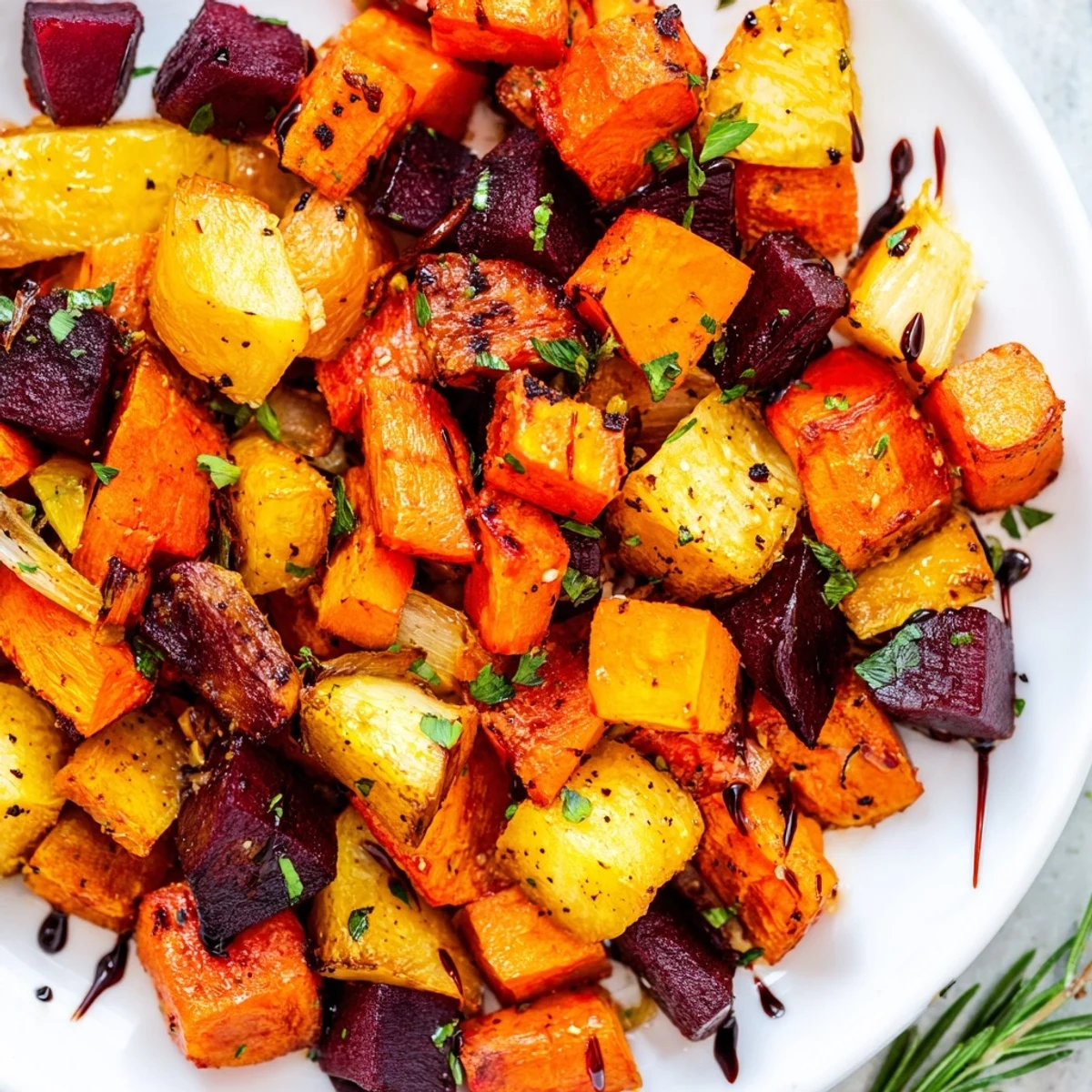 Close-up of rustic Savory Roasted Roots: a hearty mix of roasted root vegetables, ready to eat.