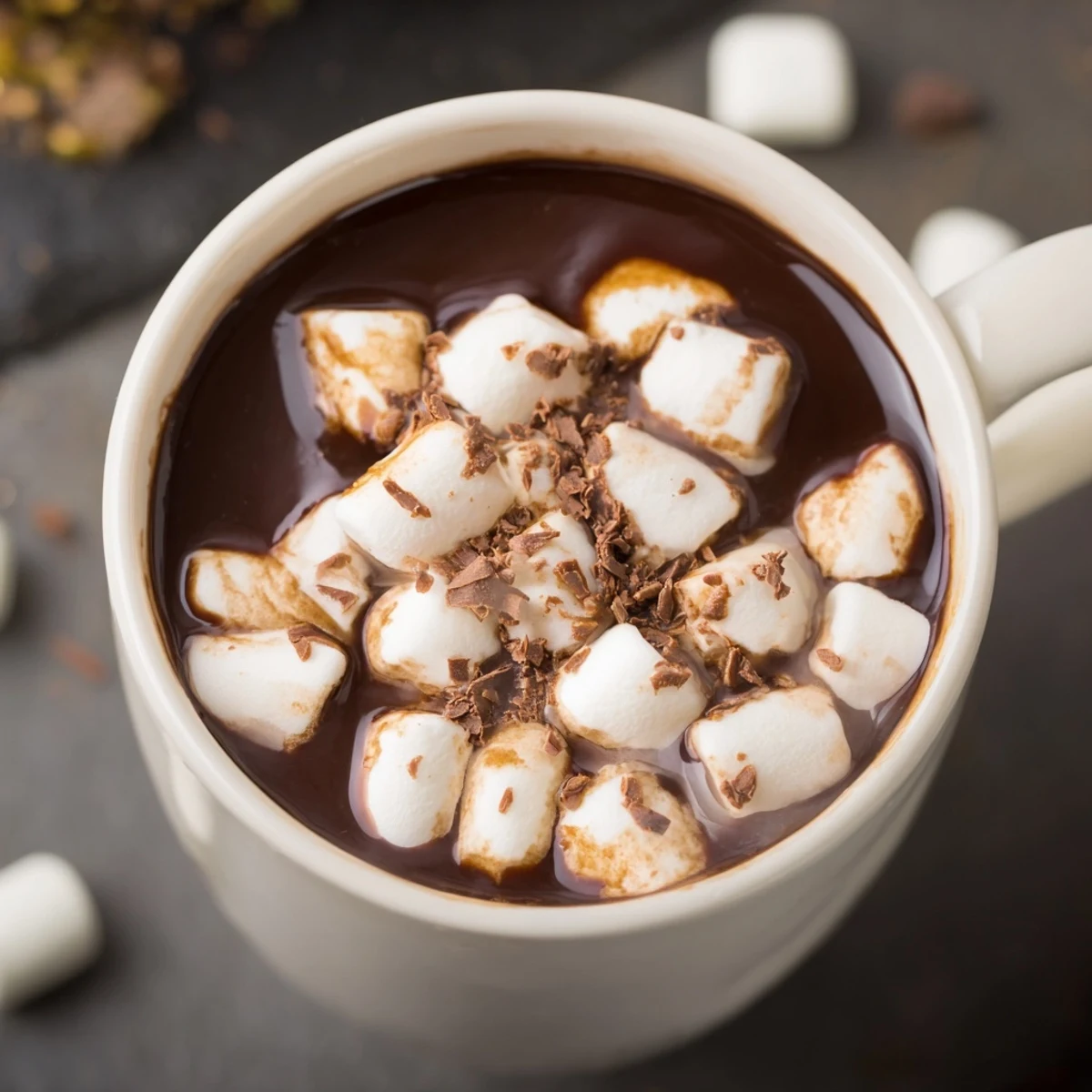 A rich, dark Toasty Cocoa Berry hot chocolate drink, topped with golden toasted marshmallows for a cozy dessert.