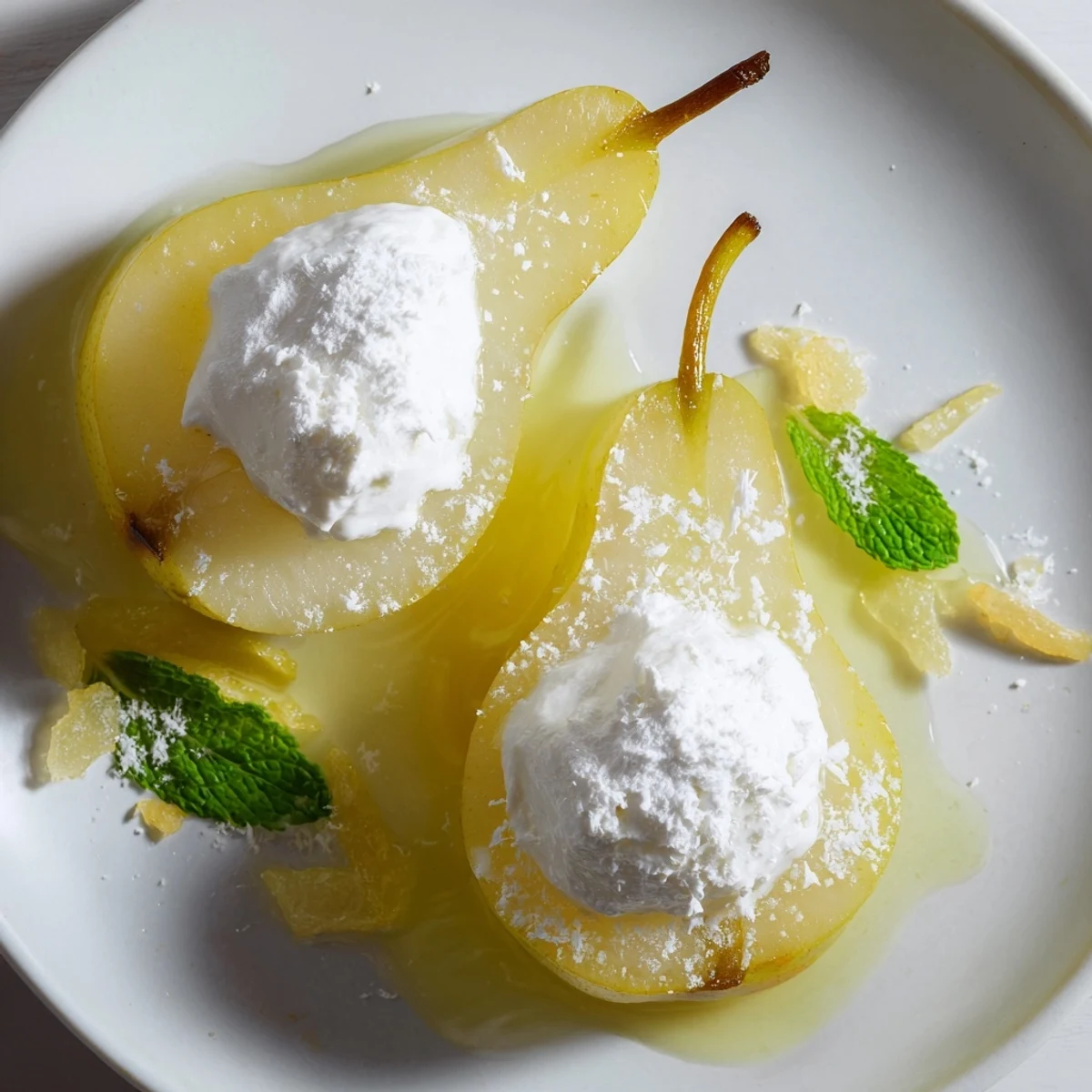 Snowy Ginger Pear halves, glistening in a light syrup, ready to be served cold for dessert.