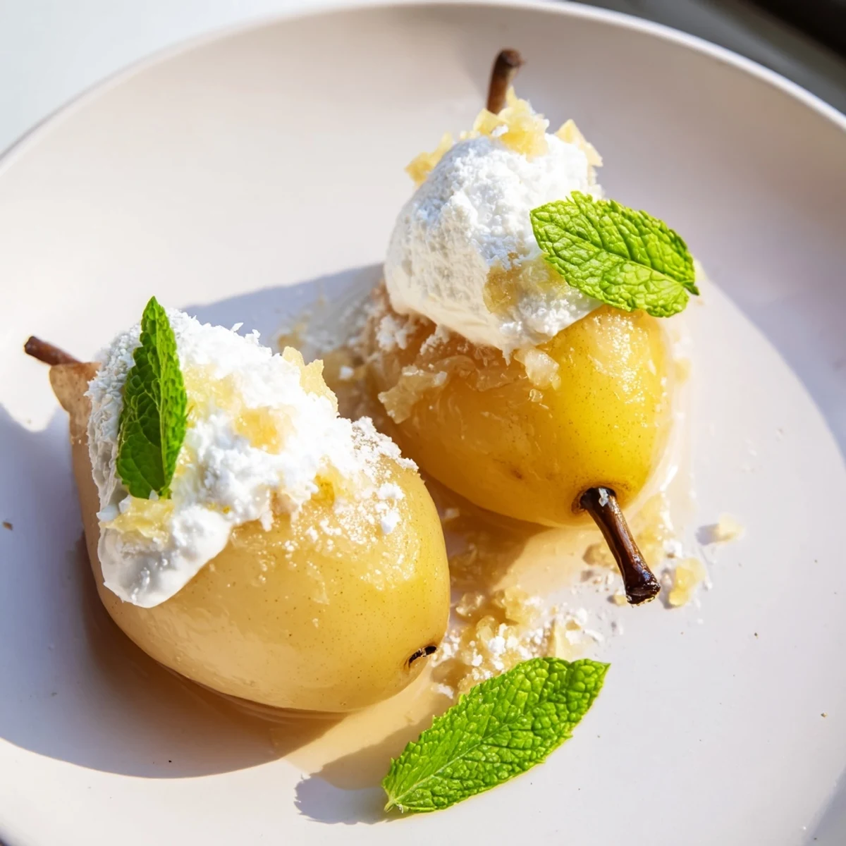 Elegant serving of Snowy Ginger Pear poached pears, topped with fluffy coconut cream and garnished.