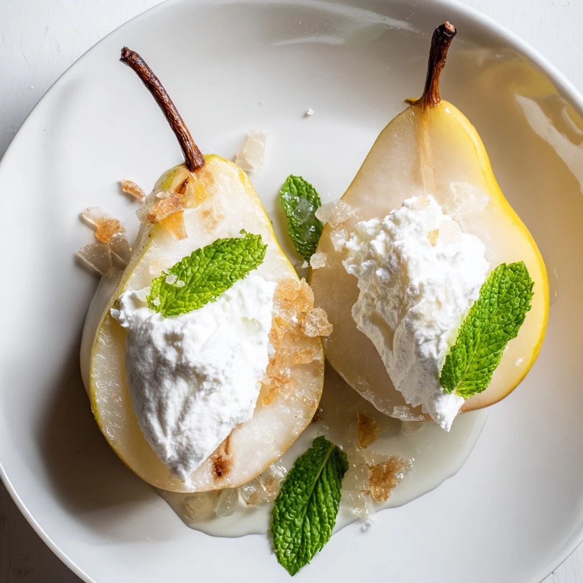 A close-up of chilled Snowy Ginger Pear, infused with ginger, perfect for a refreshing vegan treat.