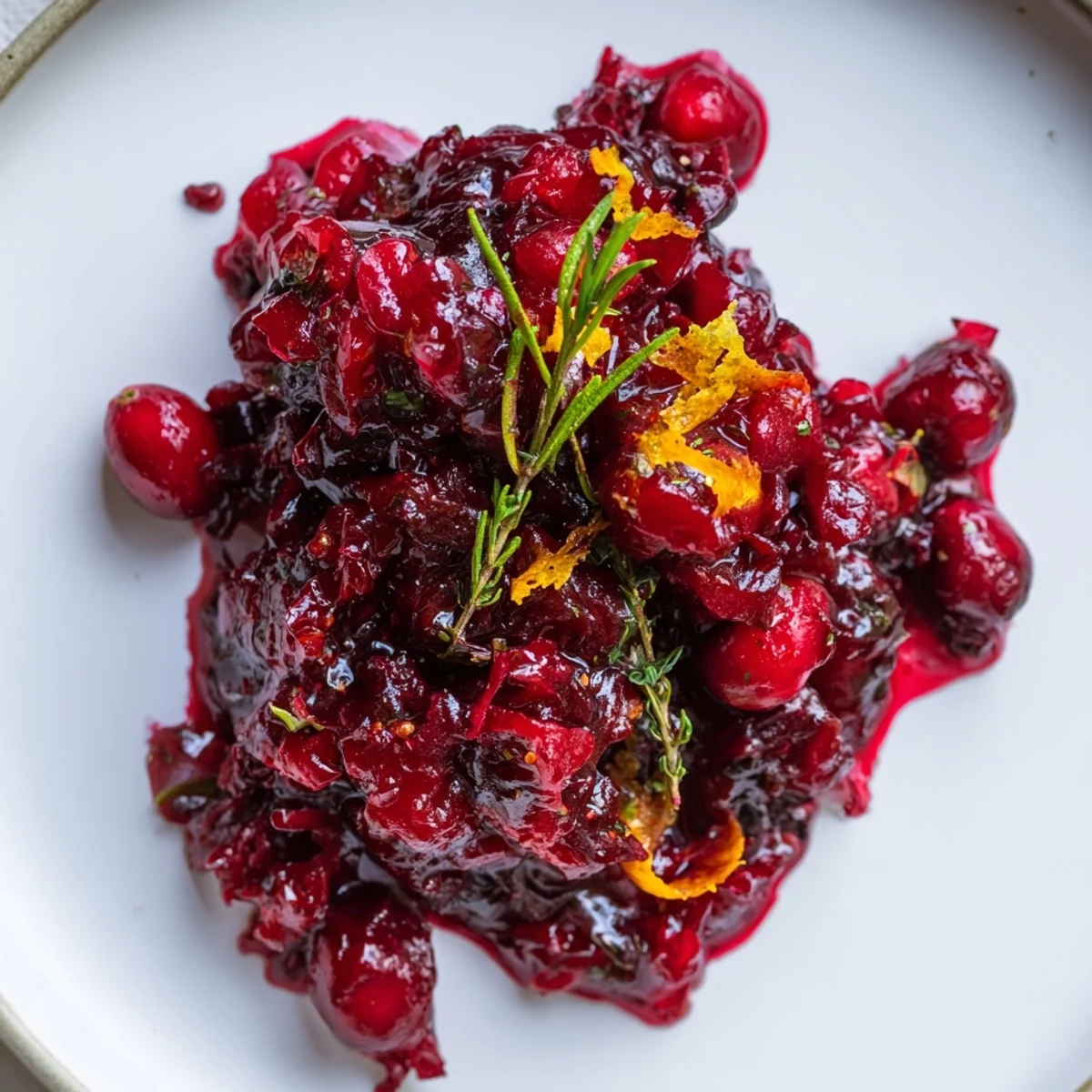Vibrant herbed cranberry sauce, glistening and thick, ready to complement your holiday feast with fresh herbs.