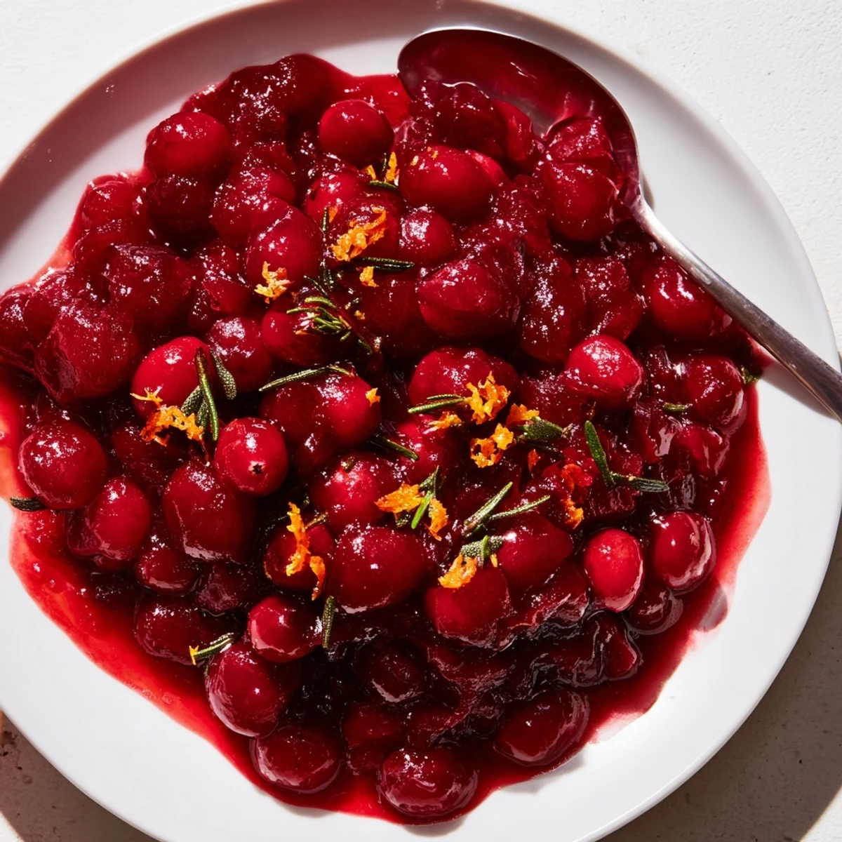 Homemade herbed cranberry sauce with orange zest, offering a burst of tart, fruity flavors perfect for serving.