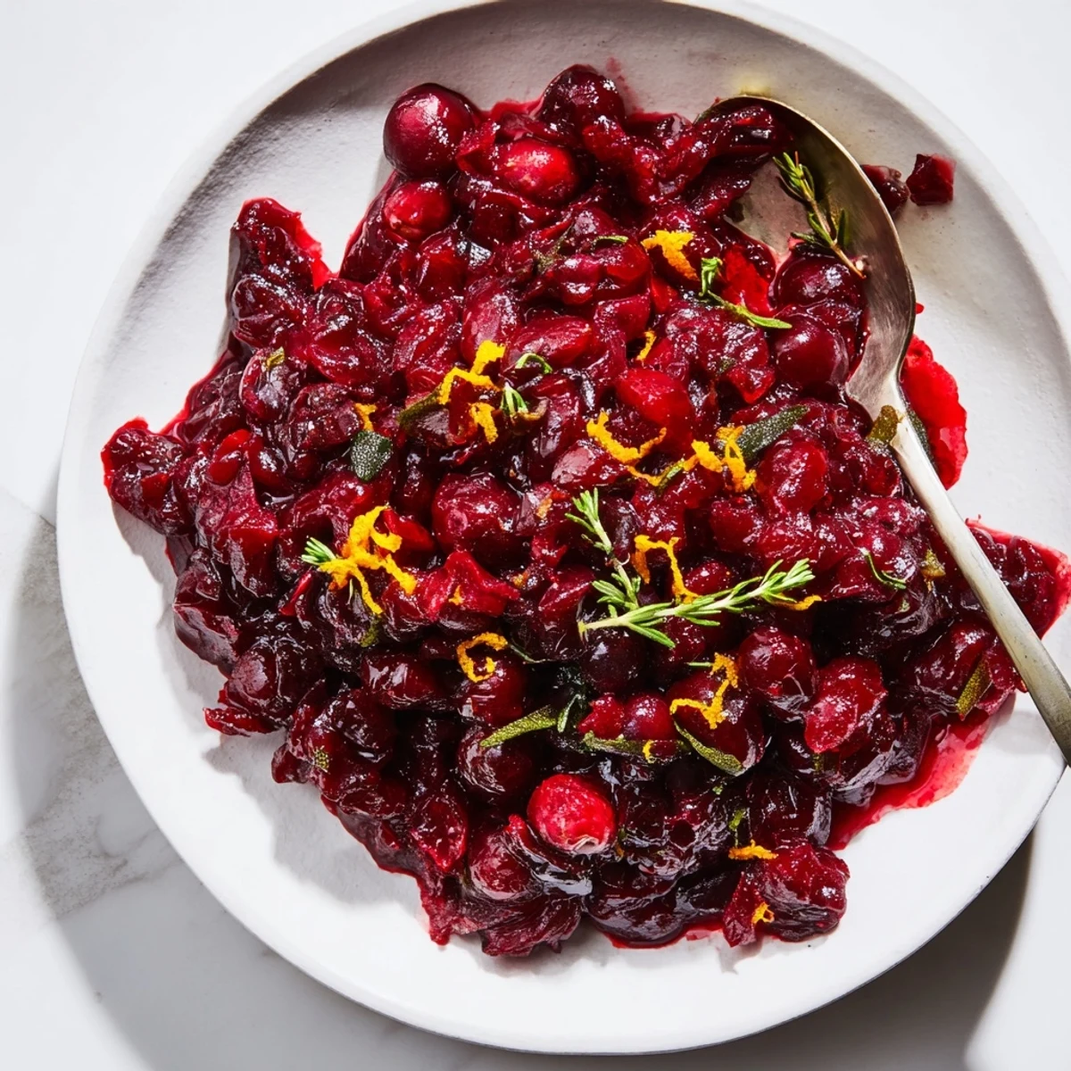 A close-up of the finished herbed cranberry sauce, a beautiful, rich red color, ready to spoon over anything.