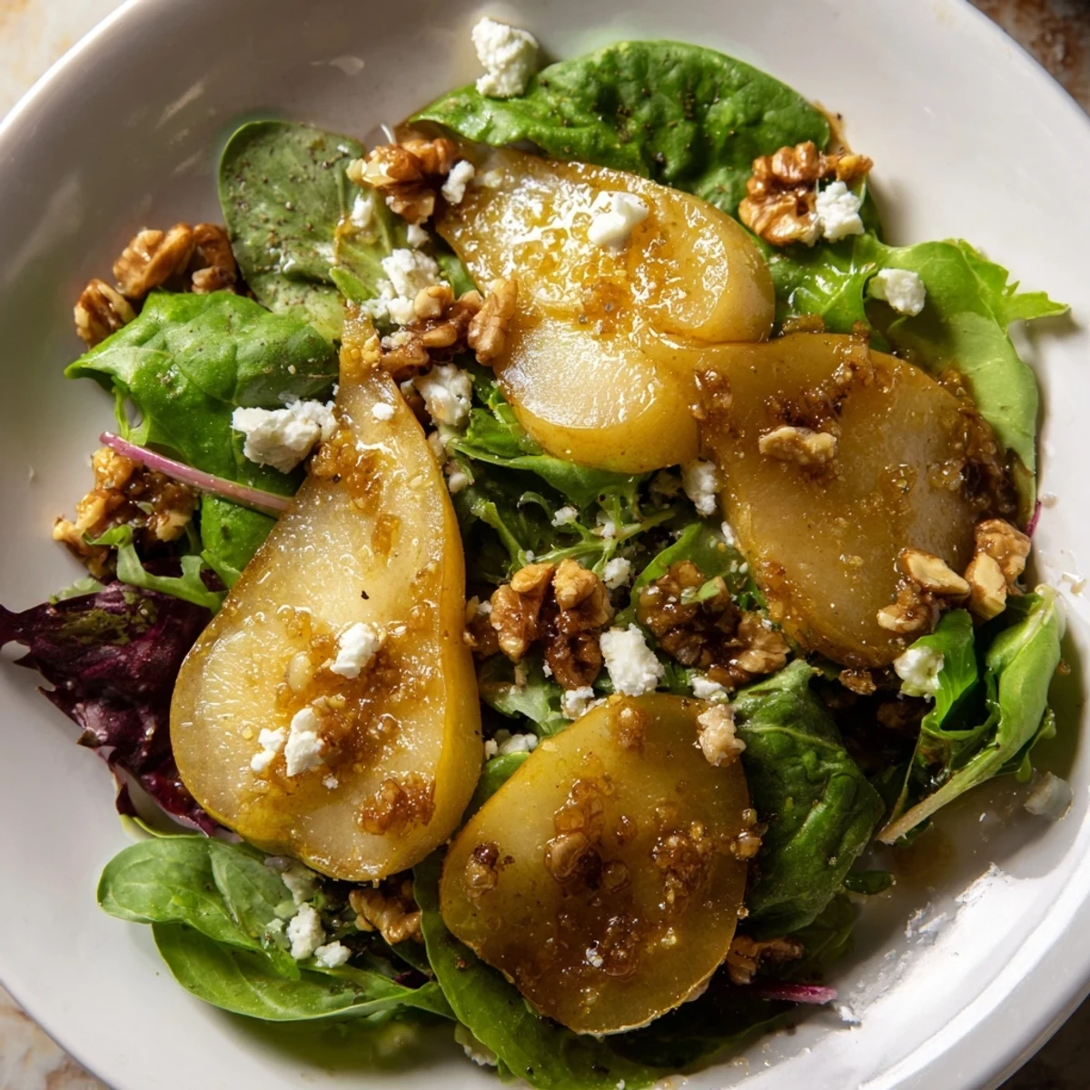 A colorful close-up of Spiced Pear Greens, ready to eat, with crunchy nuts and creamy cheese.