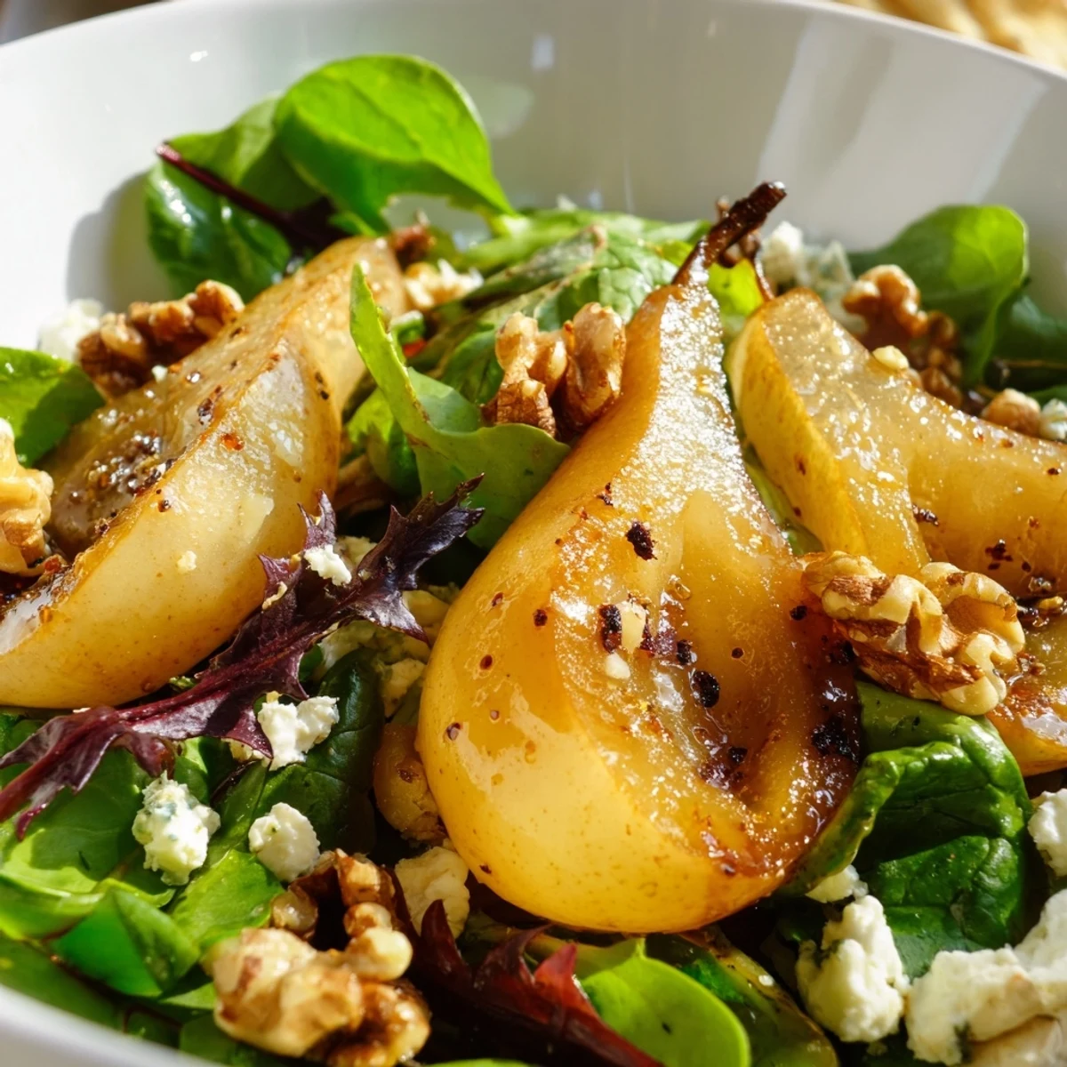 Warm, caramelized spiced pears glistening over fresh greens in a Spiced Pear Greens salad.